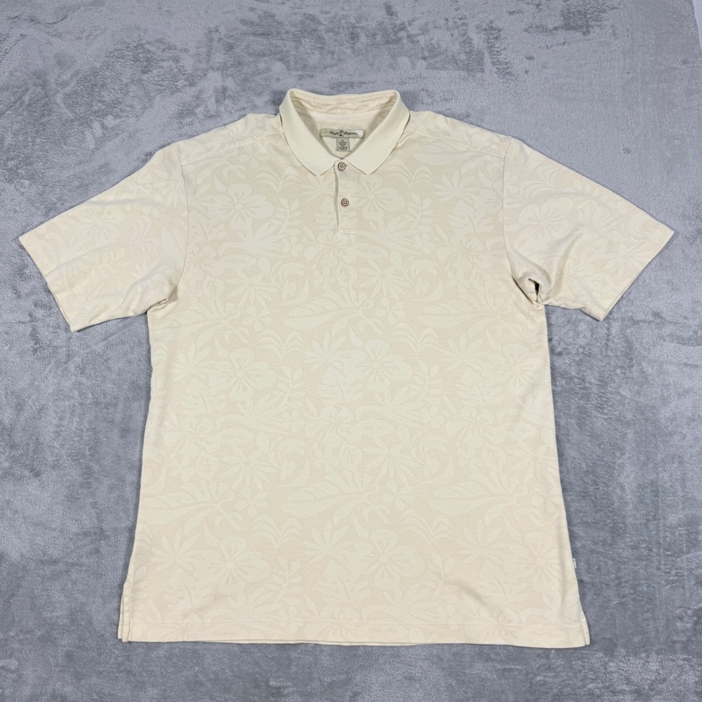 Tommy Bahama Mens XL Polo Shirt Cream Tonal Jacquard Tropical Floral Pima Cotton